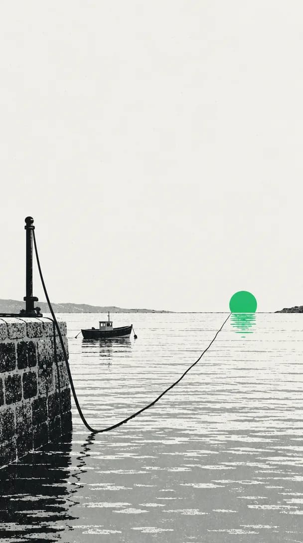 Screenprint illustration of a stone harbour wall with a cable running from a bollard on the quay down into calm water and out toward the horizon, a single small boat, and a flat green sun setting into the sea