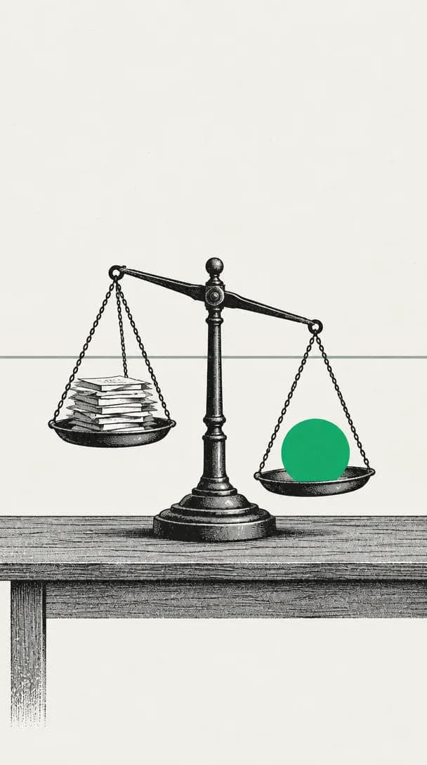 Screenprint illustration of brass weighing scales on a wooden counter, a stack of paper slips in the left pan and a single flat green circle weighing down the right, a thin ruled line running across the wall behind
