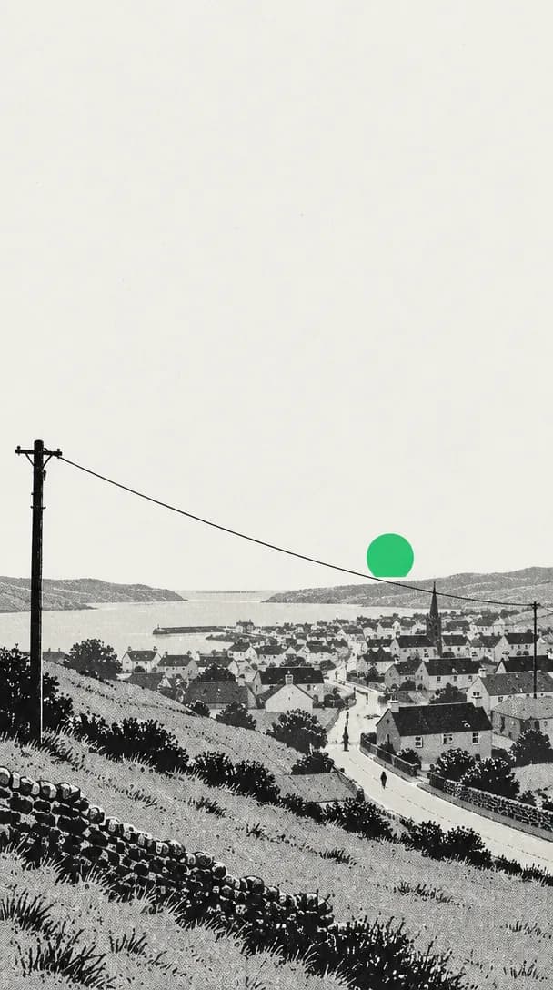 Screenprint illustration of a small coastal town seen from a hillside road, a single telephone wire running from a foreground pole across the rooftops toward the harbour, a flat green sun low over the bay and one tiny figure walking down the road