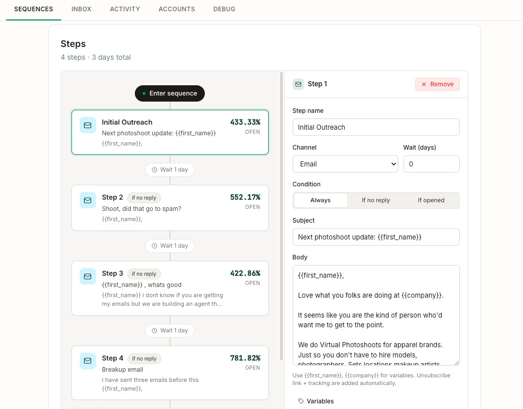 DialSheet email sequence builder with a four-step drip, one-day waits and if-no-reply branching
