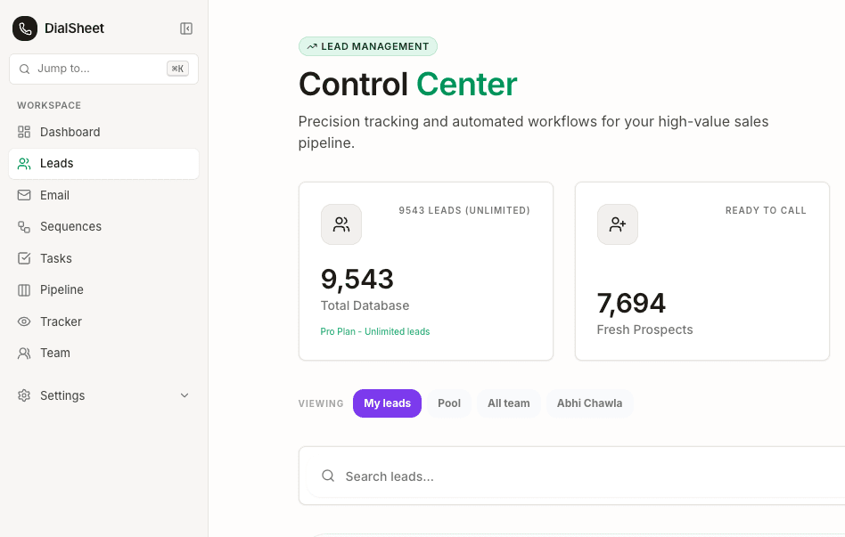 Free CRM lead database in DialSheet holding 9,543 leads with shared team pools and ready-to-call filters