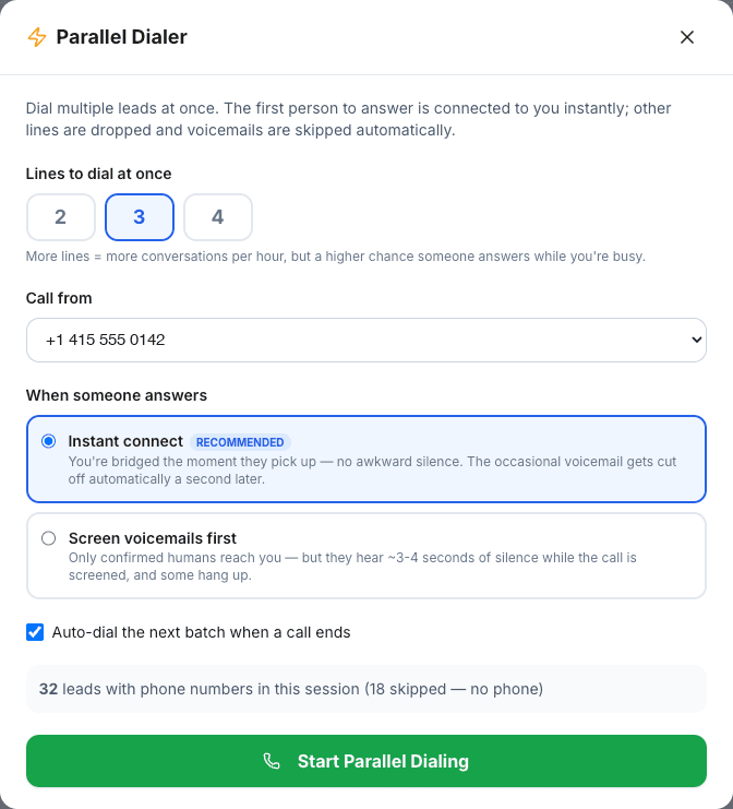 DialSheet parallel dialer set to open three lines per lead with automatic voicemail screening
